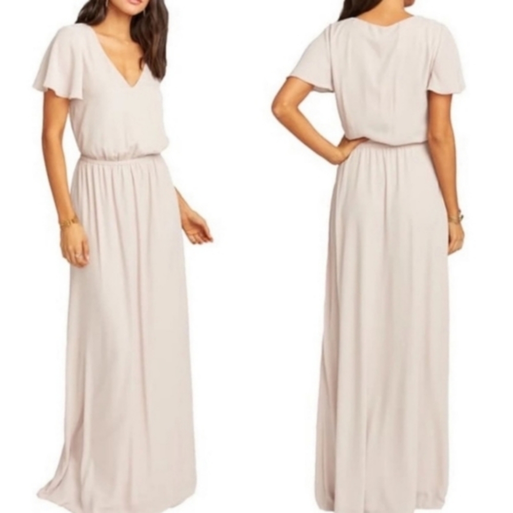 Show Me Your Mumu Michelle Flutter Bridesmaids Dress in Beige Neutral Maxi Large